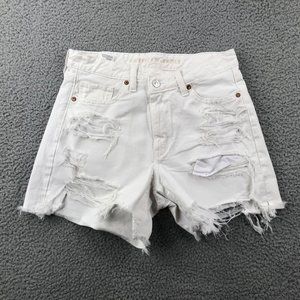 AMERICAN EAGLE Size 6 Highest Rise Distressed White Baggy Cut Off Shorts